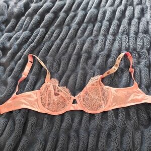 Victoria Secret Lace Trimmed Coral Bra With Rhinestone Straps